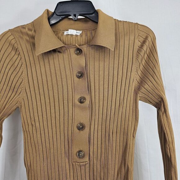 Good American Plaited Rib Polo Shirt In Bronze Brown Button Up Women's Size 1/2 - Picture 5 of 7